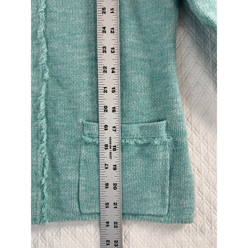 Viintage‎ Cardigan Sweater Blazer Women SP Teal Marl Knit Open Front Fringe Trim